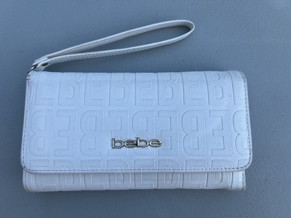 Bebe Embossed Logo White Leather Wallet Wristlet Strap Y2K Clutch